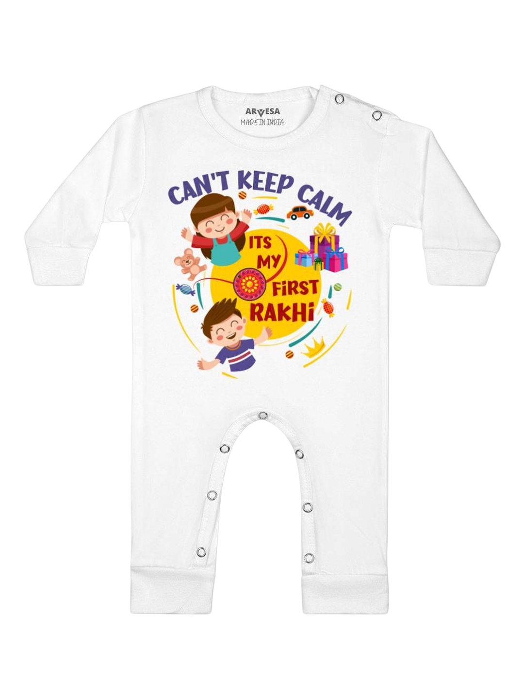 

Arvesa First Rakhi Printed Baby Romper, White