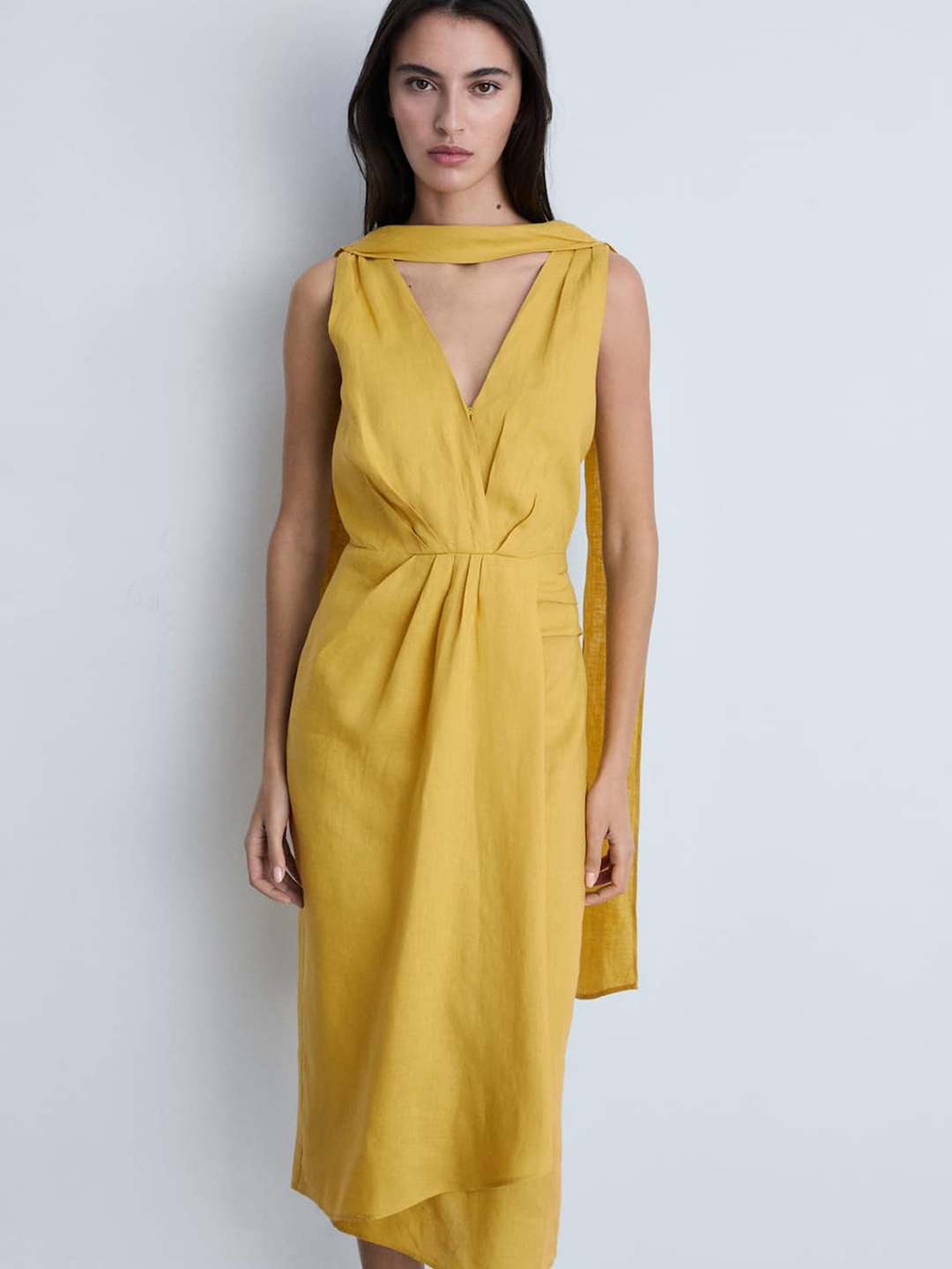 

MANGO Pure Linen Scarf Neck Pleated Midi Dress, Mustard