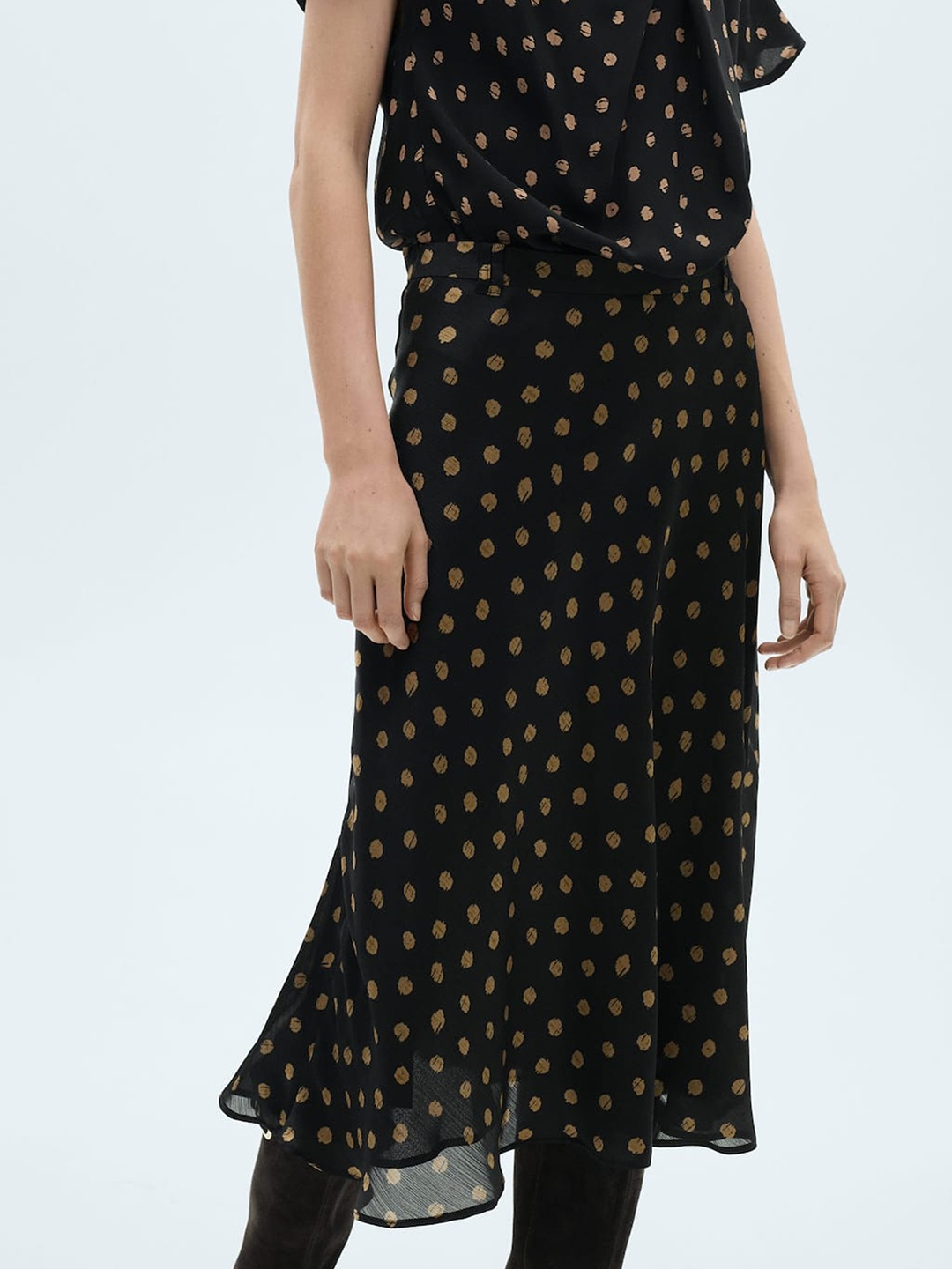 

MANGO Polka Dots Print Mid-Rise Georgette Midi A-Line Skirt, Black