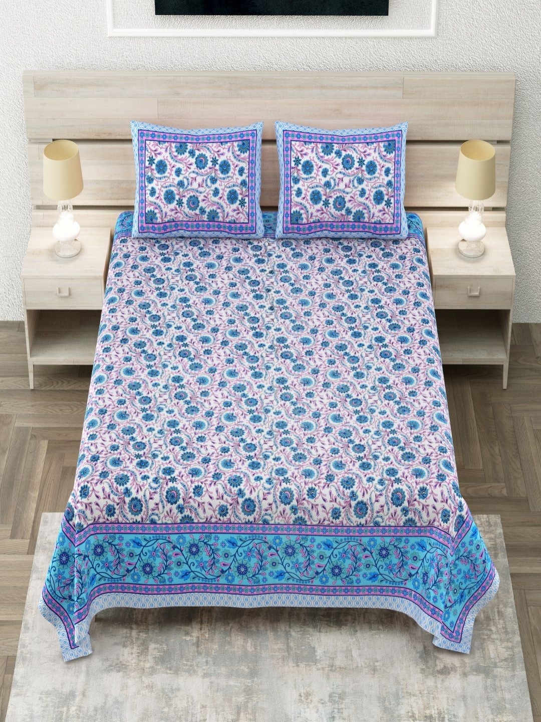 

Aapno Rajasthan Blue Ethnic Motifs Pure Cotton 144 TC King Bedsheet Set 2.74 m x 2.74 m