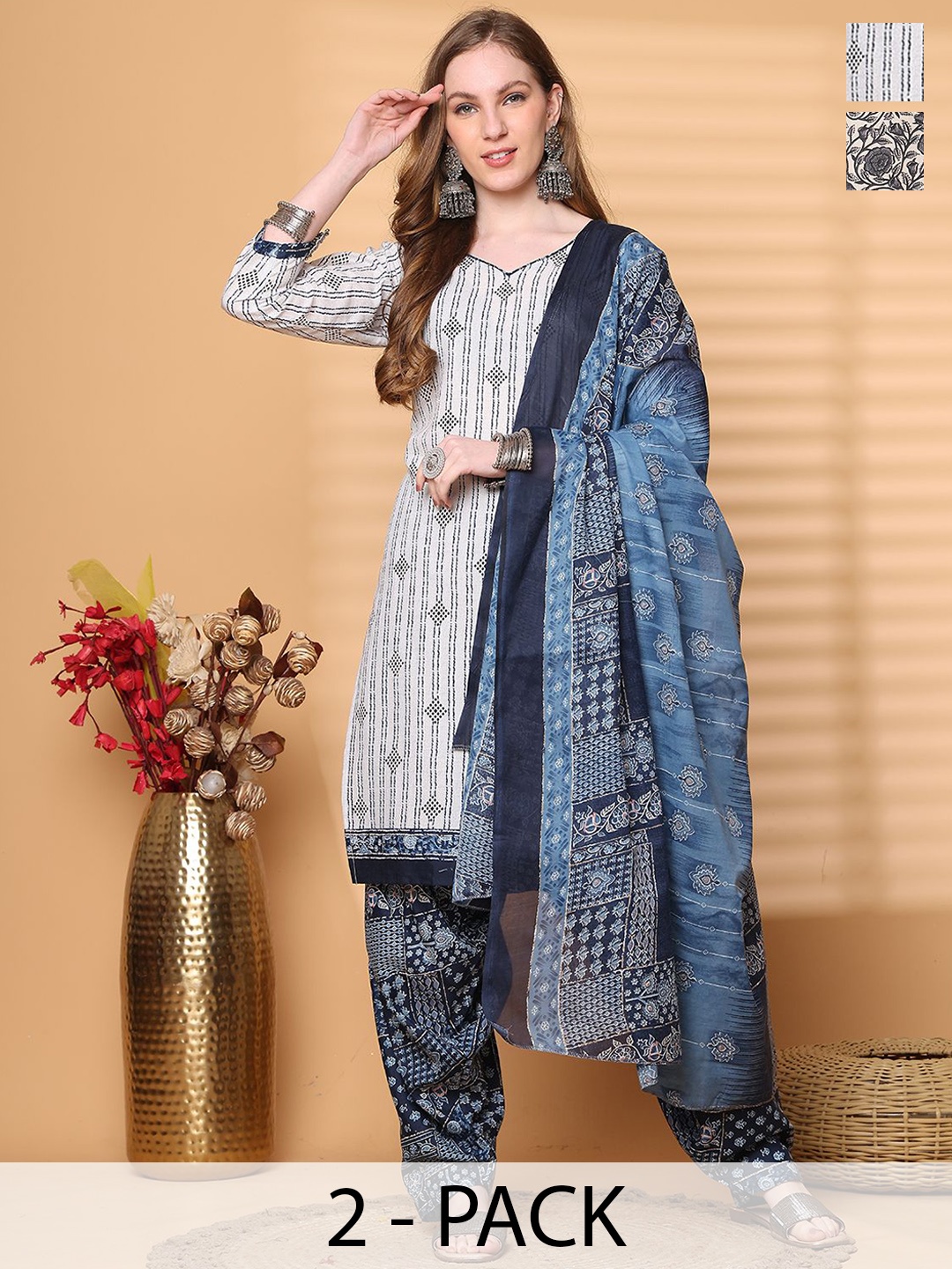 

KALINI Selection Of 2 Geometric Printed Sweetheart Neck Kurta With Salwar & Dupatta, Grey