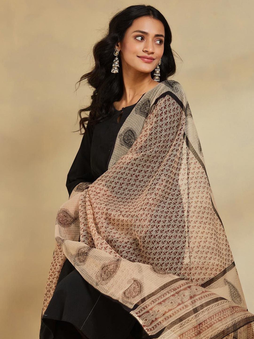 

Fabindia Ethnic Motifs Printed Cotton Silk Dupatta, Beige