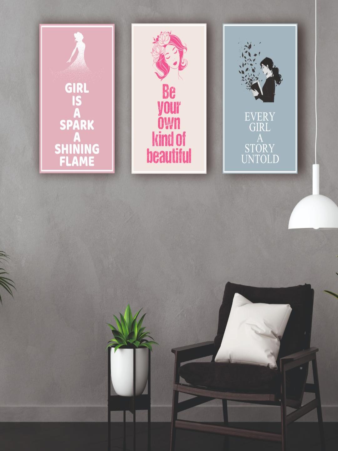 

CVANU Pink & White 3 Pieces Printed Paper Wall Poster