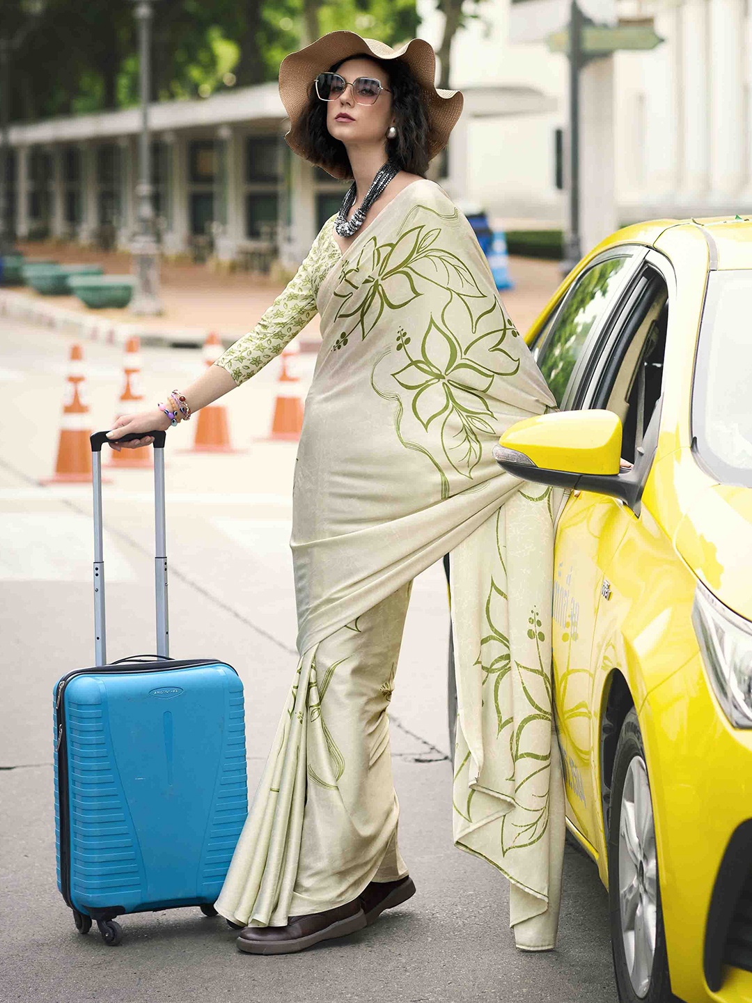 

Mitera Floral Satin Saree, Beige