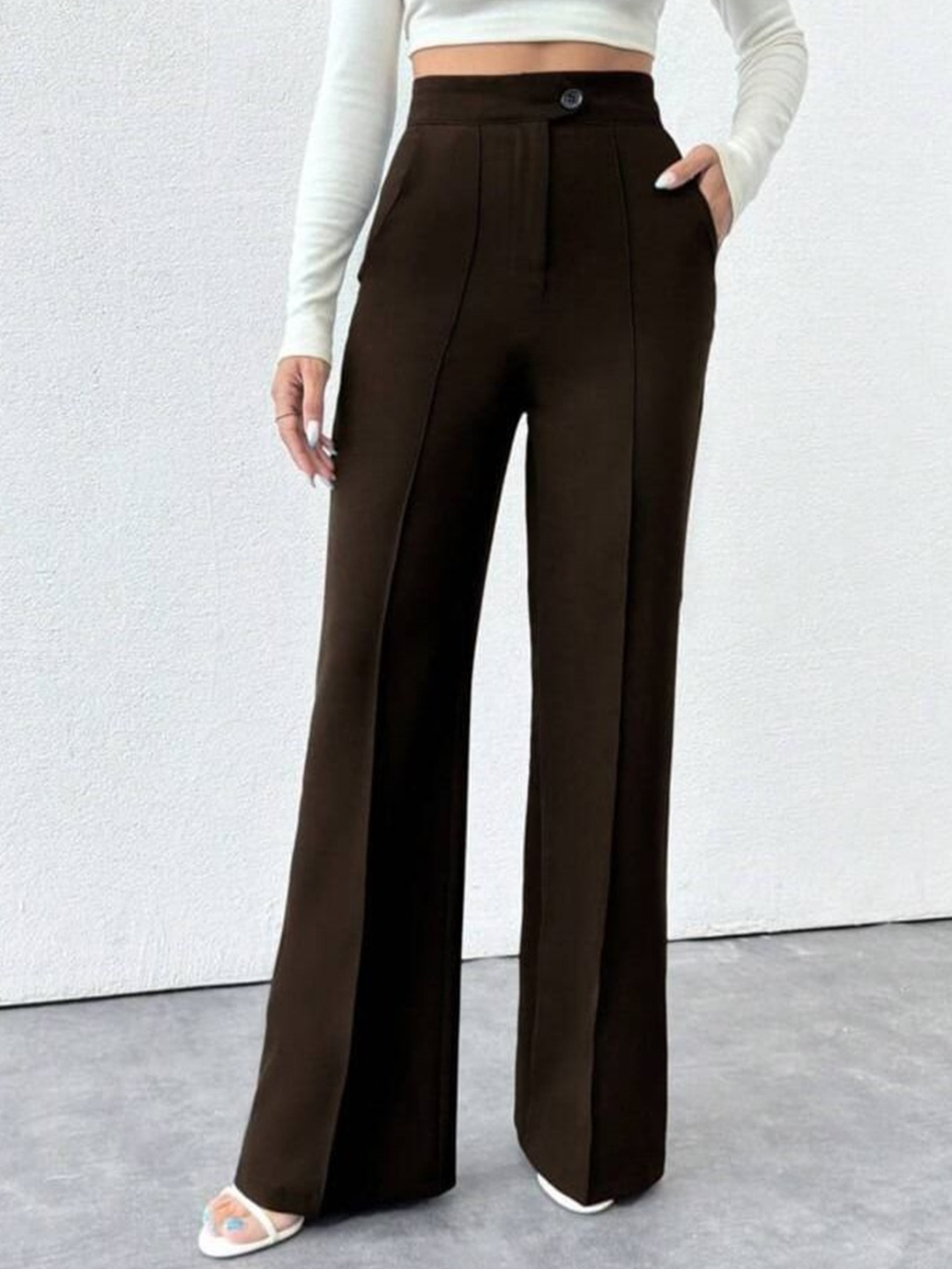 

BROADSTAR Women Smart Straight Fit High-Rise Easy Wash Pleated Trousers, Coffee brown