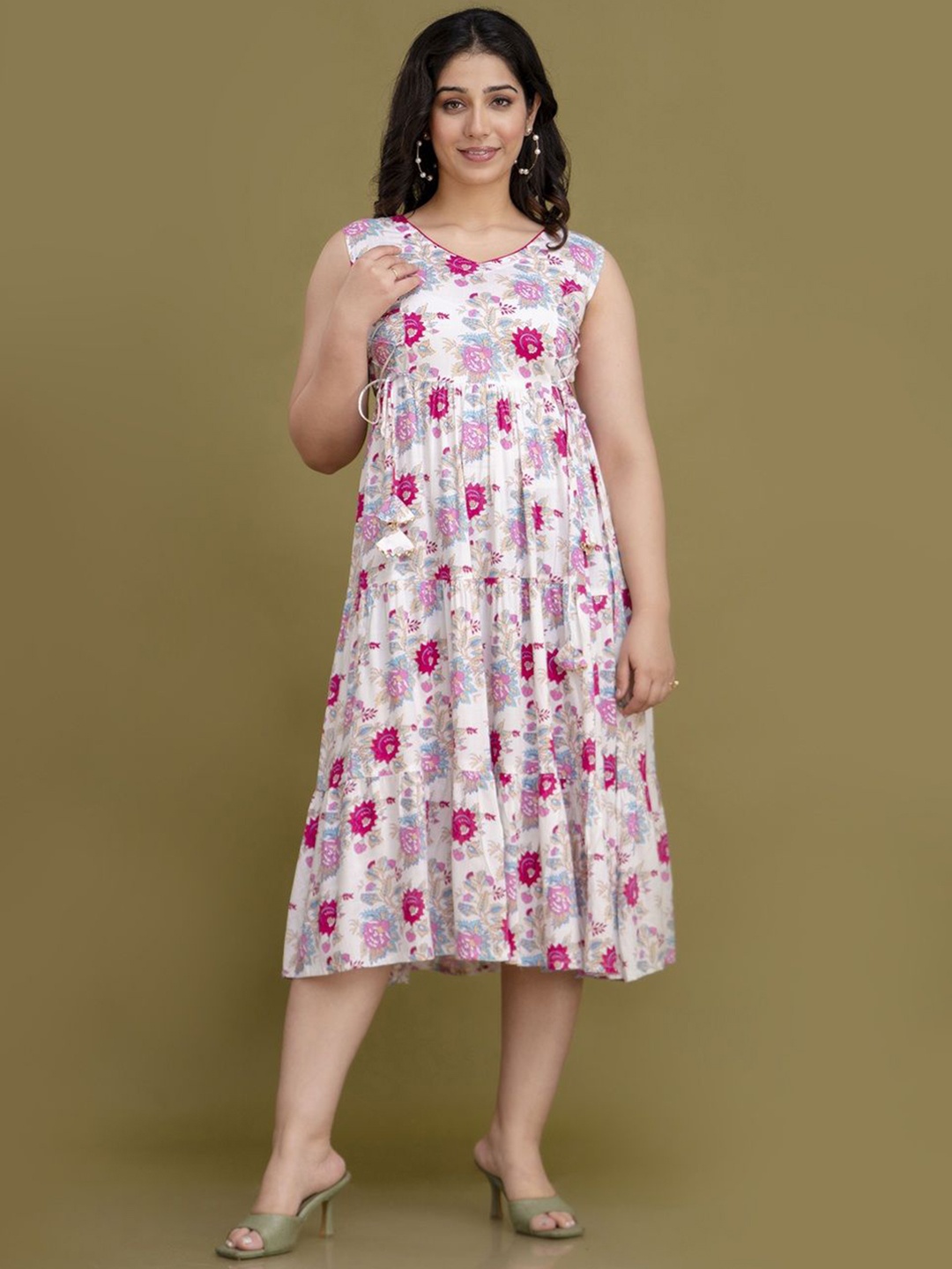 

Jollity Floral Printed V-Neck Sleeveless Fit & Flare Ethnic Dress, White