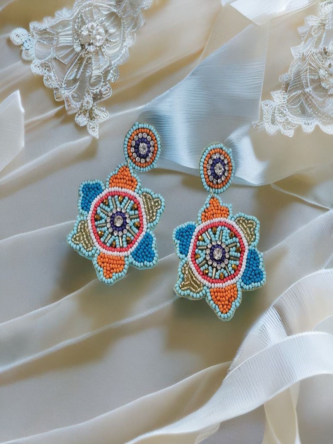 

Sangria Gold-Plated Artificial Beaded Floral Shaped Drop Earrings, Blue