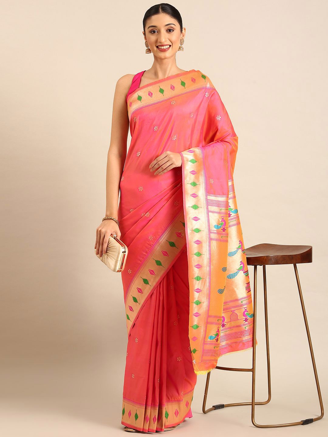 

DIVASTRI Woven Design Zari Silk Blend Paithani Saree, Peach