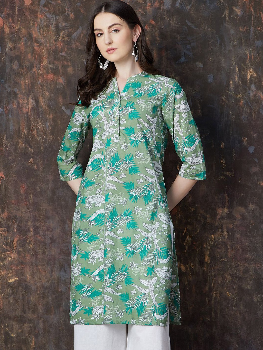 

Melange by Lifestyle Floral Printed Mandarin Collar Pure Cotton Straight Kurta, Grey