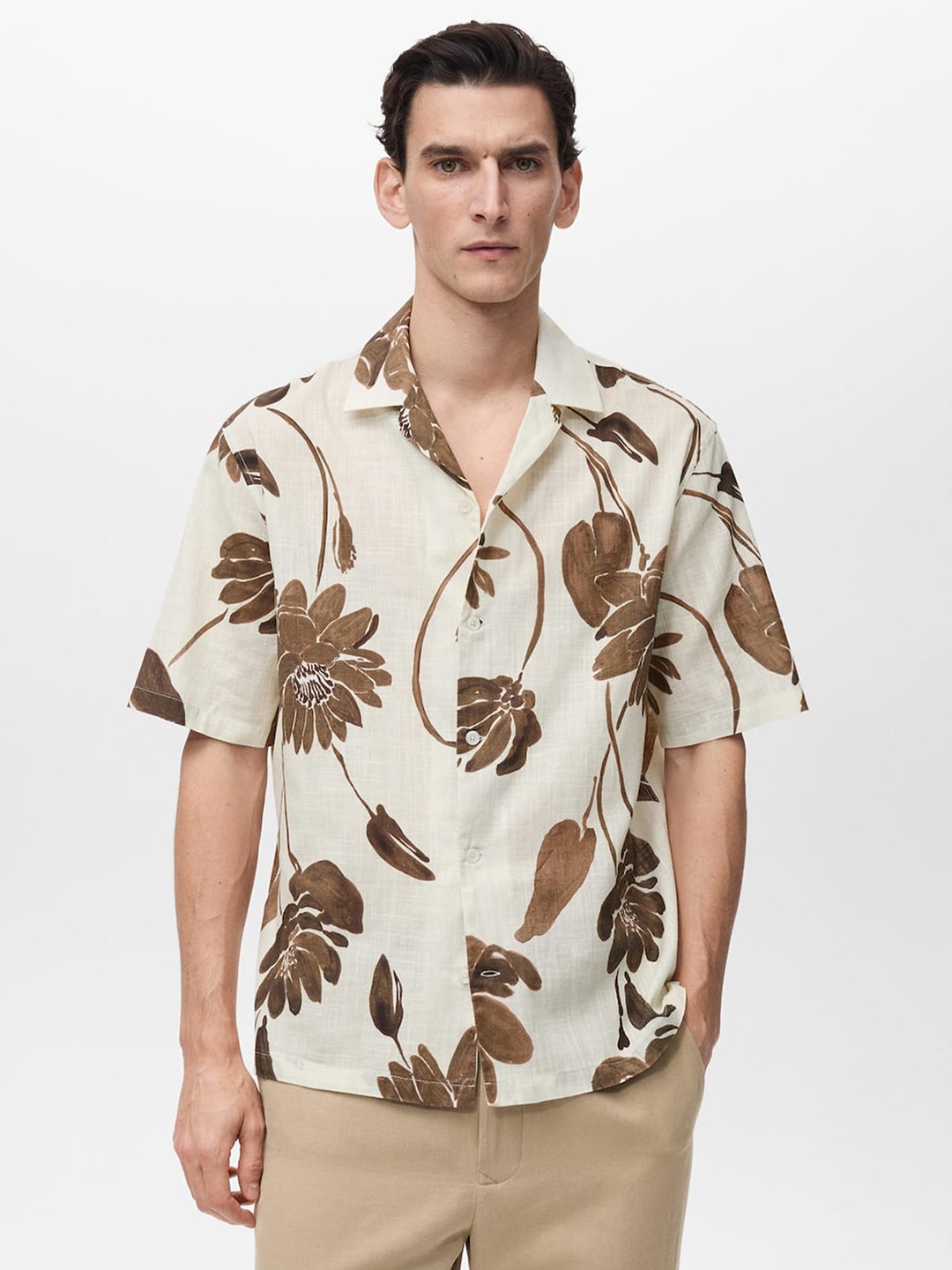 

MANGO MAN Floral Print Pure Cotton Drop-Shoulder Sleeves Casual Shirt, Off white