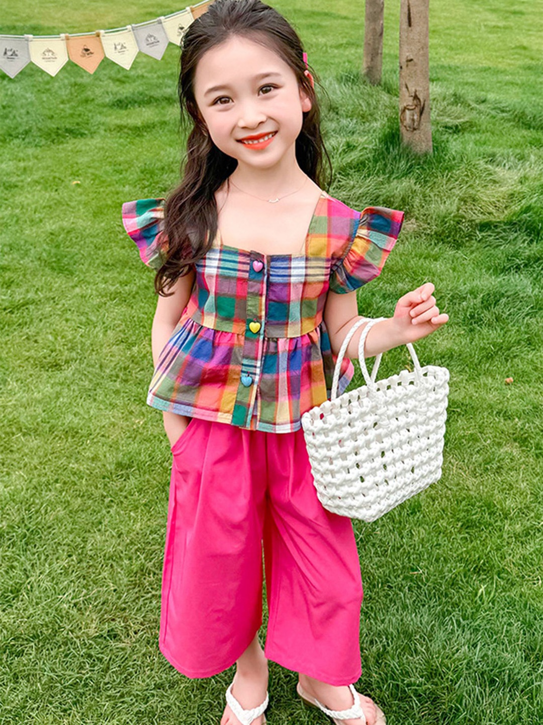 

LULU & SKY Girls Checked Square Neck Top With Trousers, Pink