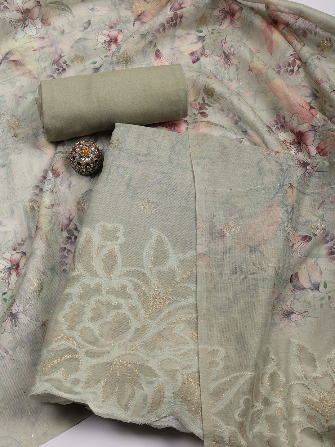 

Meena Bazaar Floral Woven Design Linen Unstitched Dress Material, Green