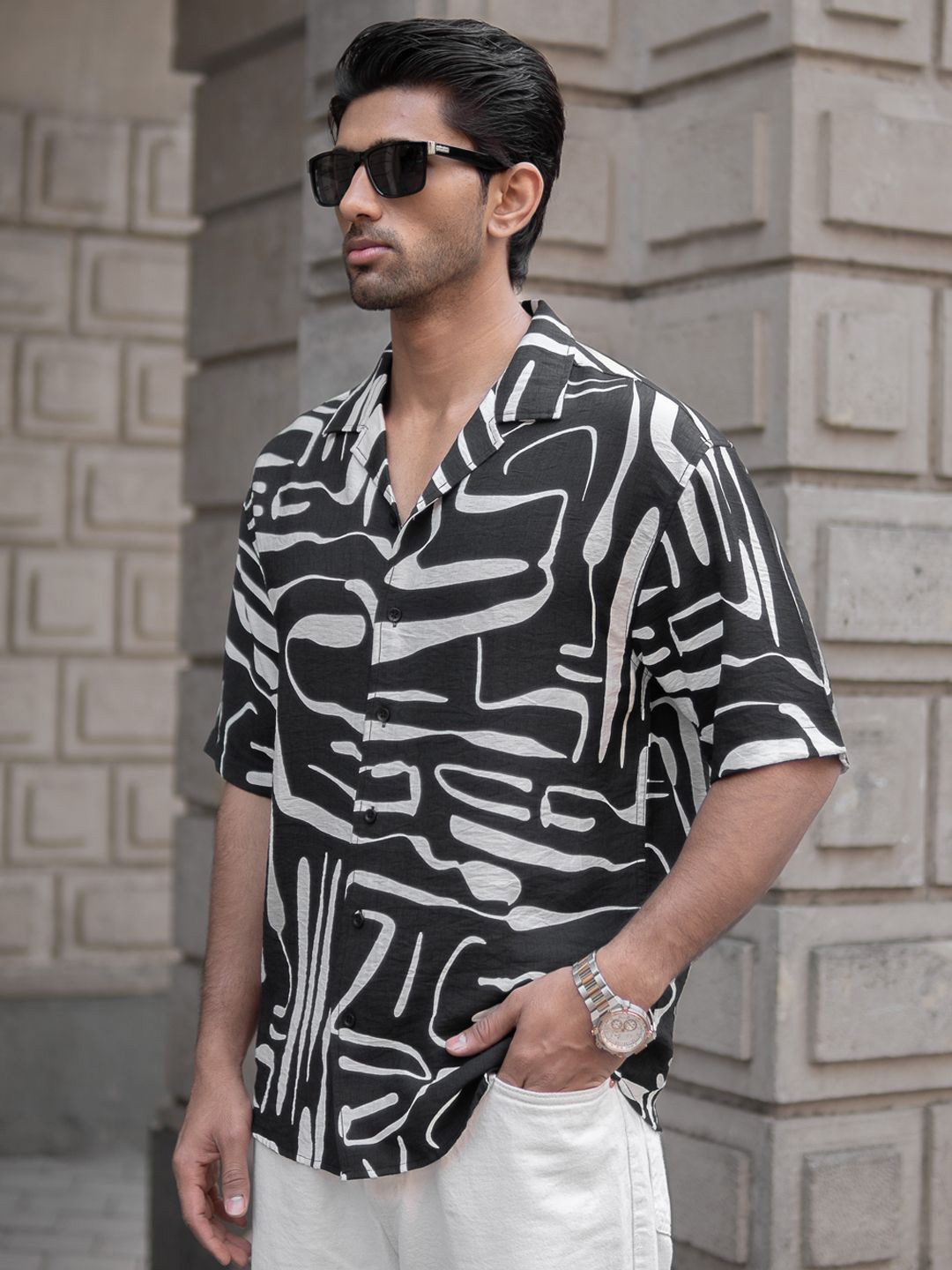 

Powerlook Men Opaque Printed Casual Shirt, Black