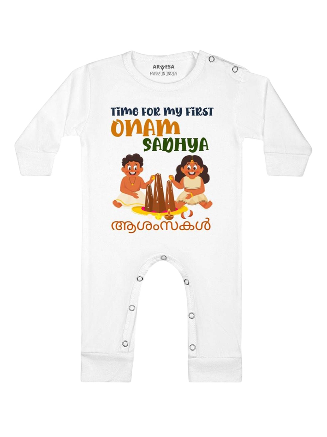 

Arvesa First Onam Printed Baby Romper, White