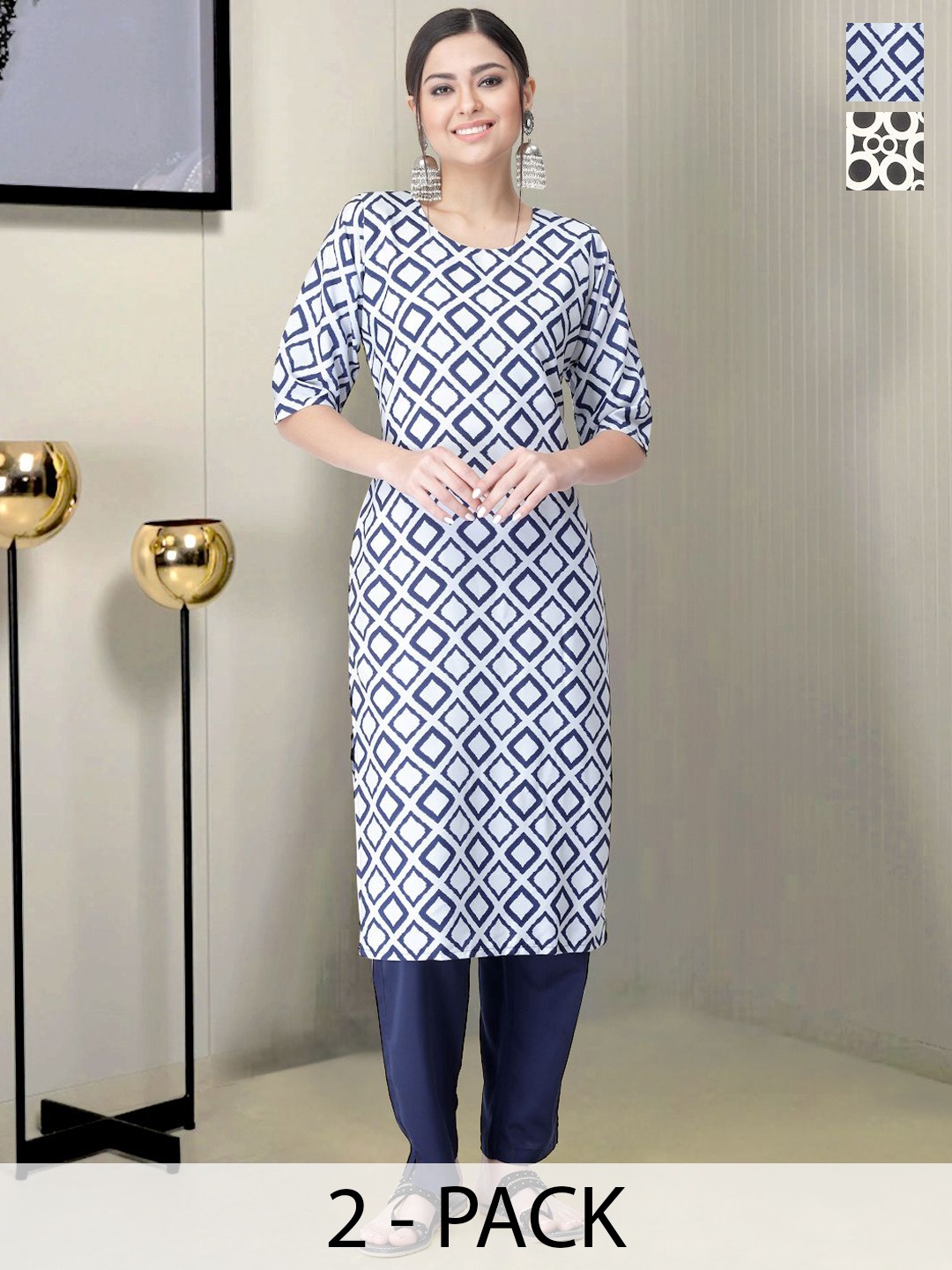 

Moda Rapido Selection of 2 Geomteric Printed Straight Kurtas With Trousers, Blue