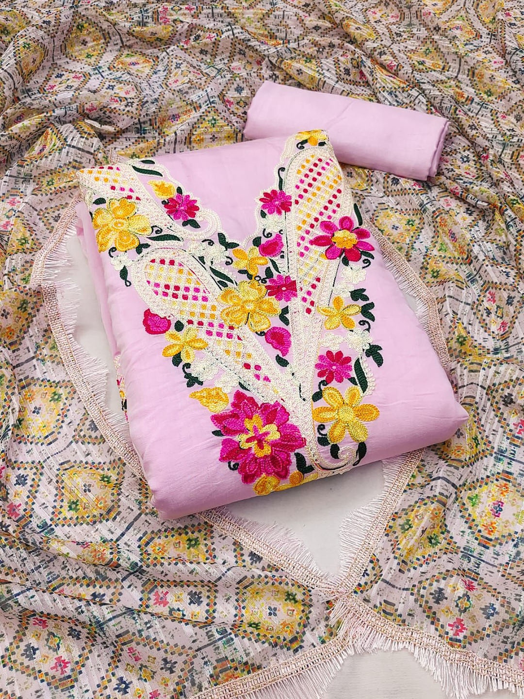 

Rangtulika Ethnics Floral Embroidered Unstitched Dress Material, Pink