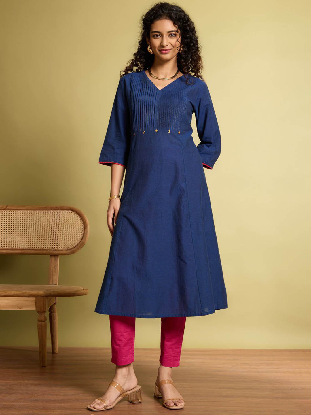 

Taneira V-Neck Pure Cotton A-Line Kurta, Blue