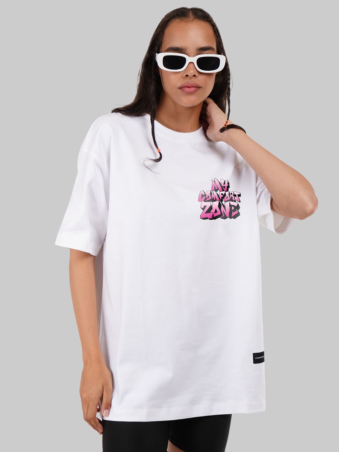 

Underrated Club Women Bio Finish Typography Printed Round Neck Cotton Oversized T-shirt, White