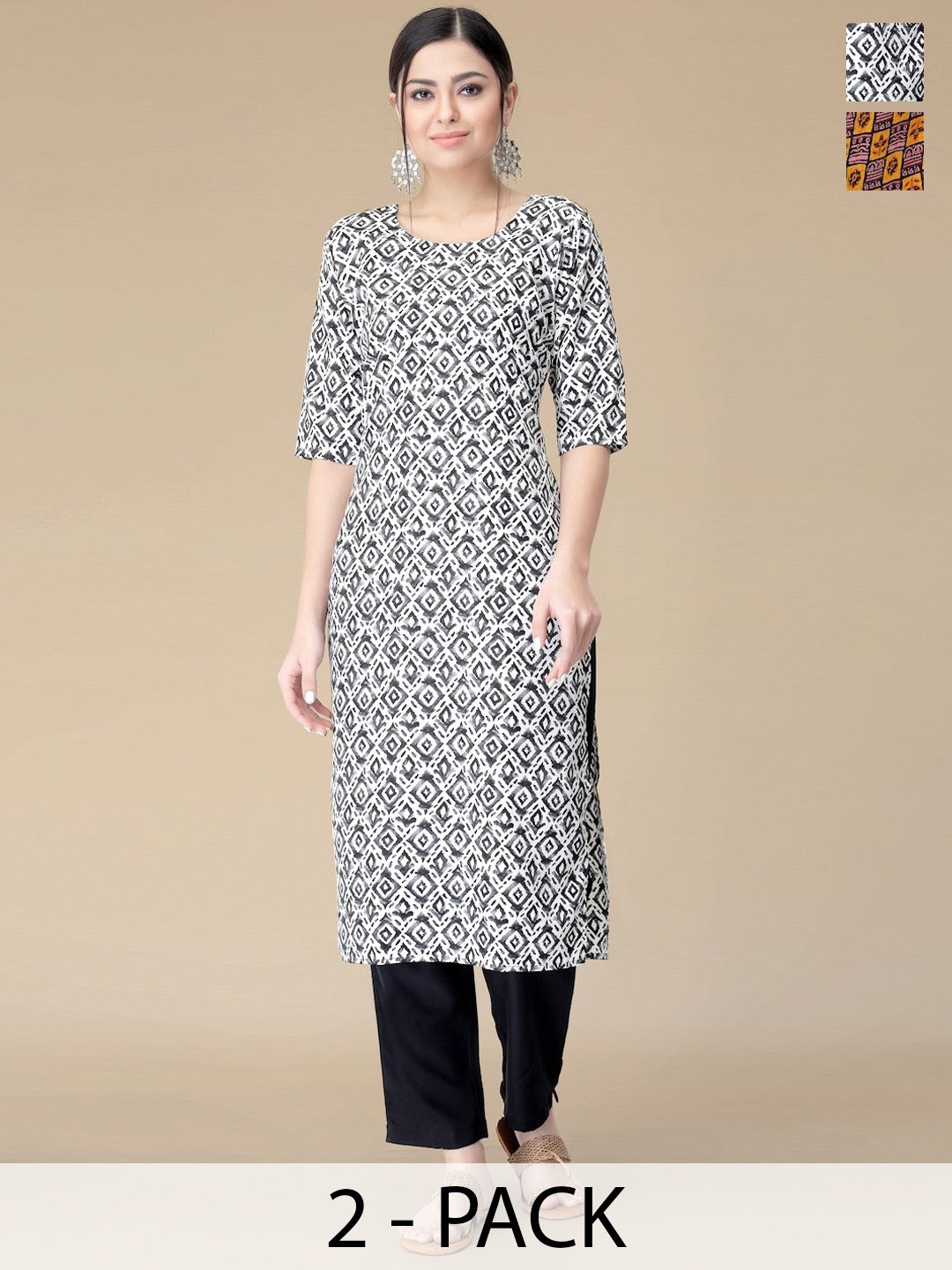 

Moda Rapido Selection Of 2 Geometric Printed Round Neck Straight Kurta With Trousers, Blue