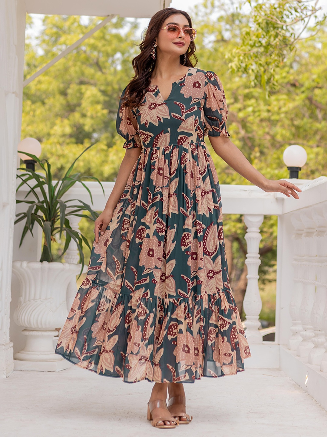 

Masakali.Co Floral Print Georgette Fit & Flare Maxi Dress, Grey