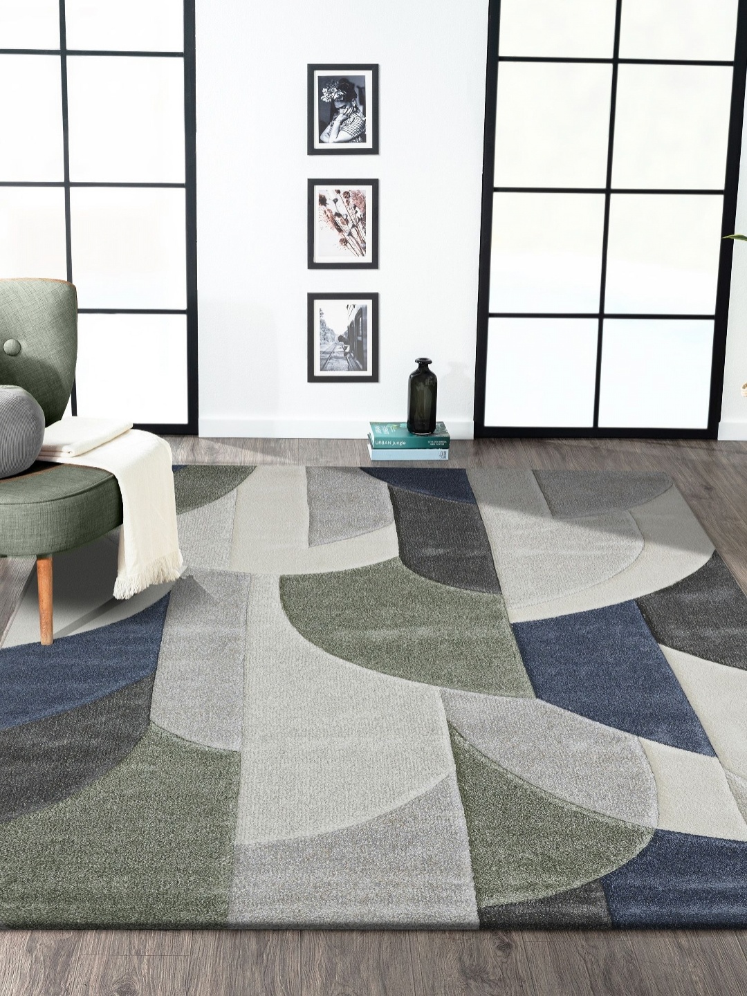 

OBSESSIONS Olive Green Abstract Printed Anti-Skid Polypropylene Carpet