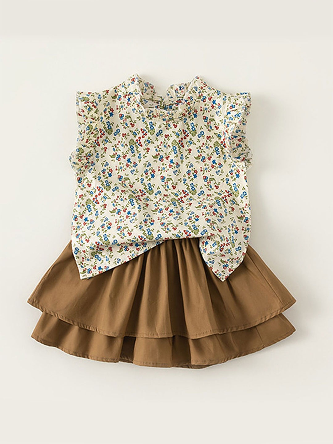 

LULU & SKY Girls Printed Round Neck Pure Cotton Top With Skirt, Beige