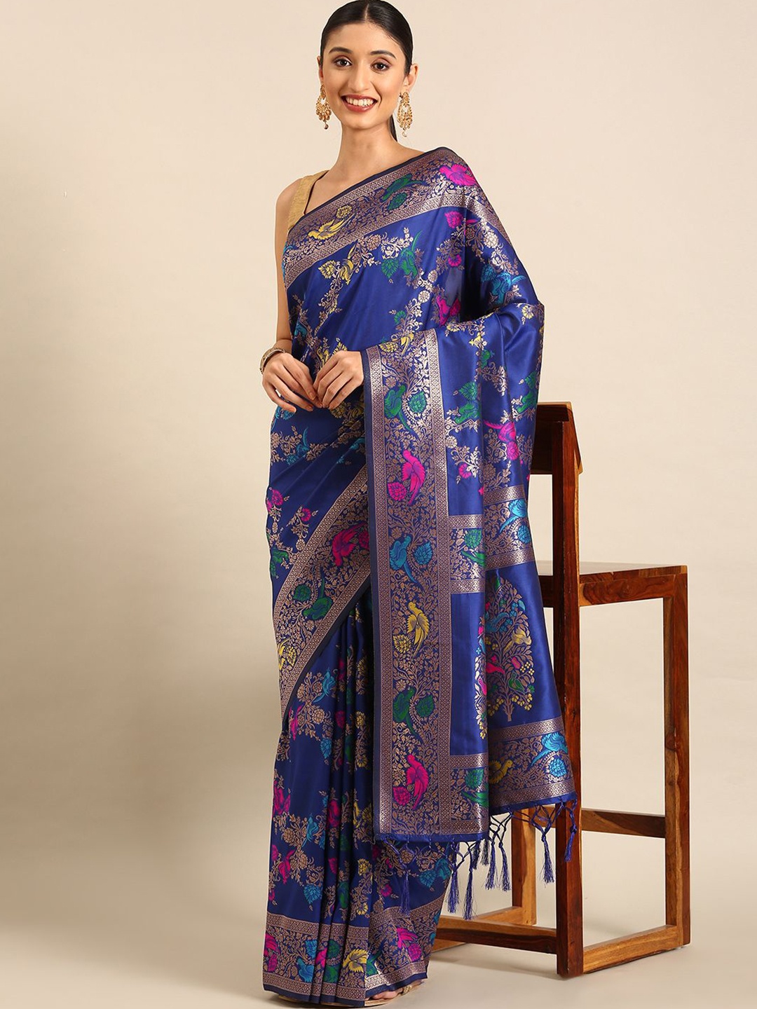 

DIVASTRI Woven Design Zari Silk Blend Banarasi Saree, Blue