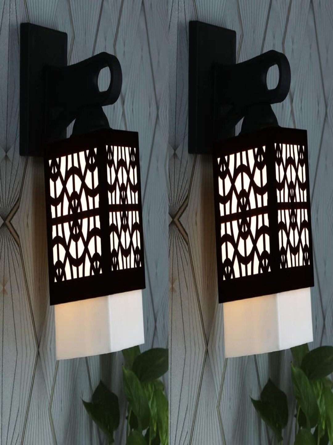 

Gojeeva Black & White 2 Pieces Textured Wooden Rectangle Shaped Wall Lamps