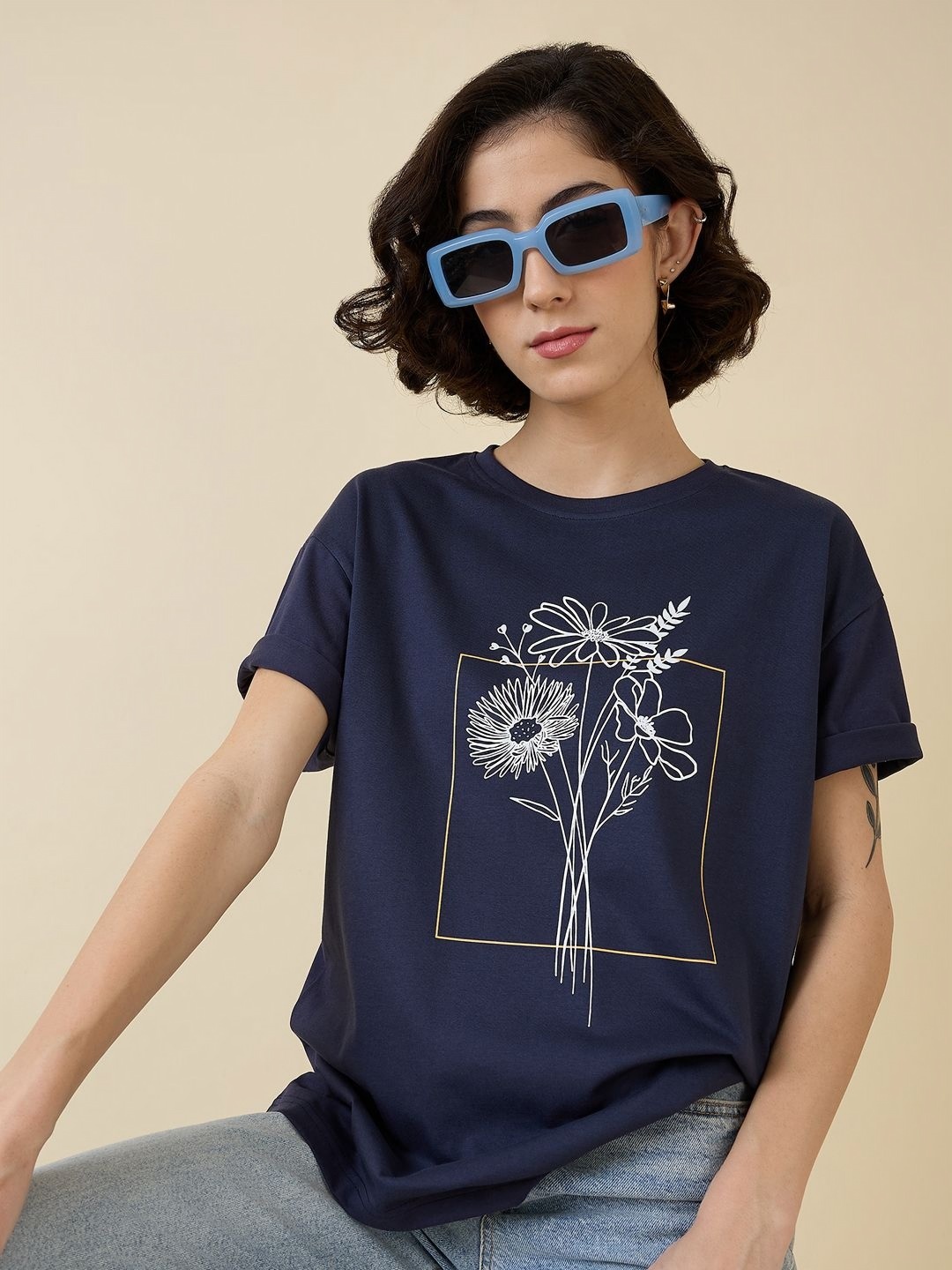 

Mast & Harbour Women Printed T-shirt, Navy blue