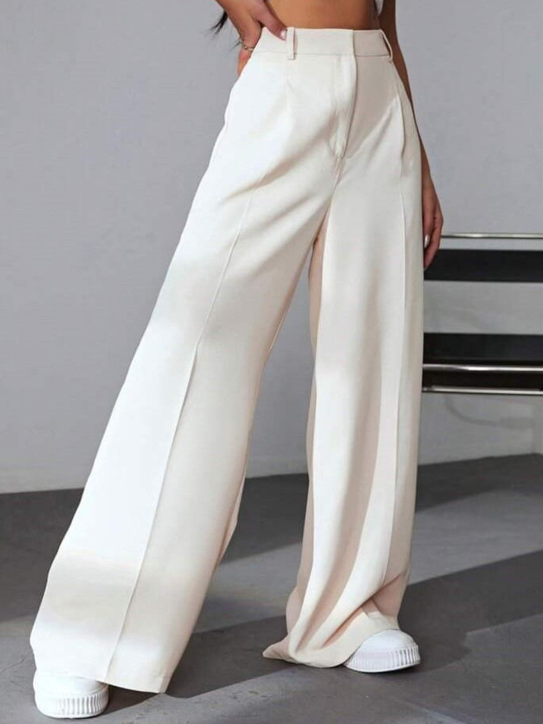 

Next One Women Smart High-Rise Easy Wash Pleated Loose Fit Korean Pants, Off white