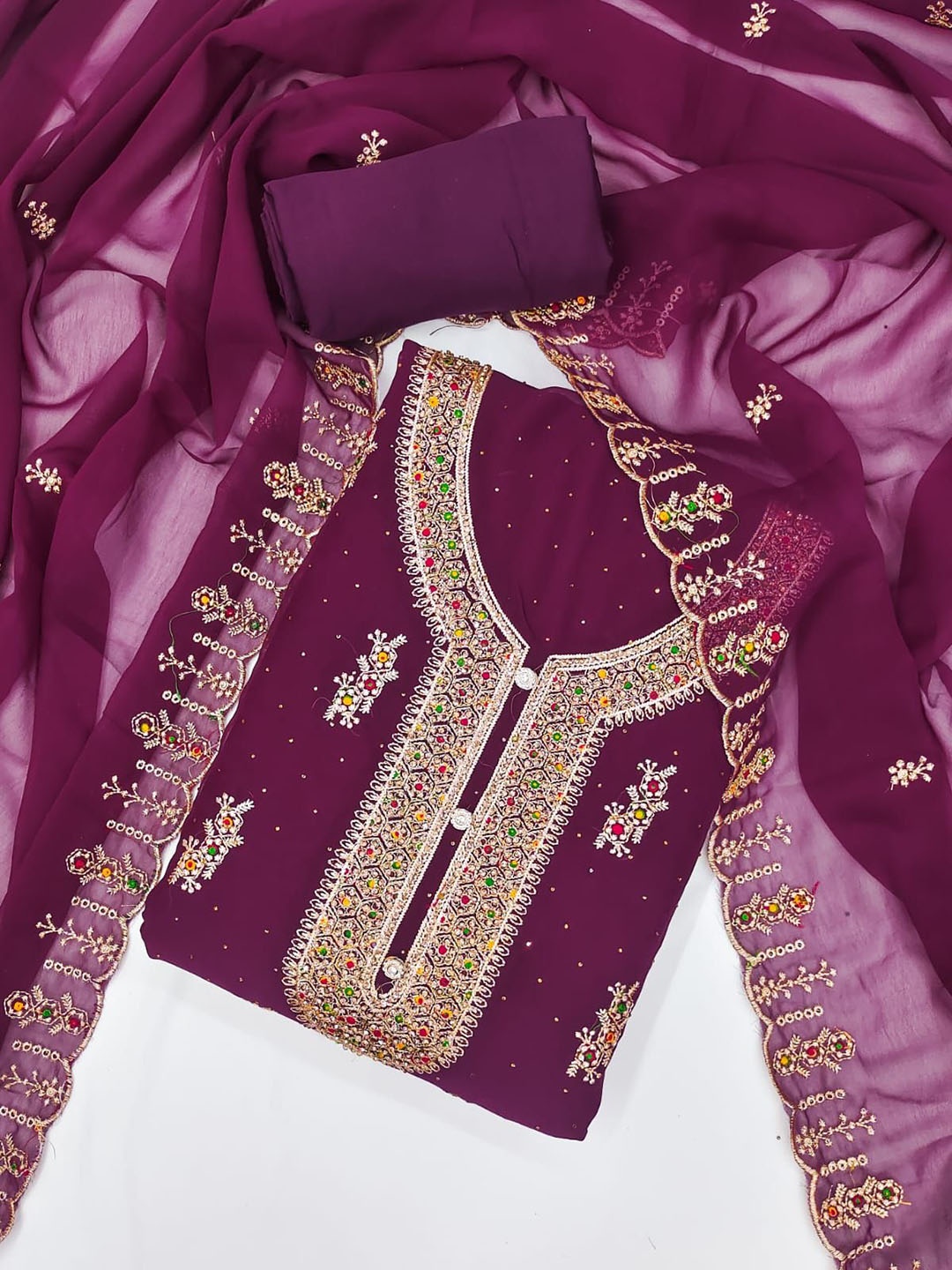 

Rangtulika Floral Embroidered Beads and Stones Georgette Unstitched Dress Material, Purple