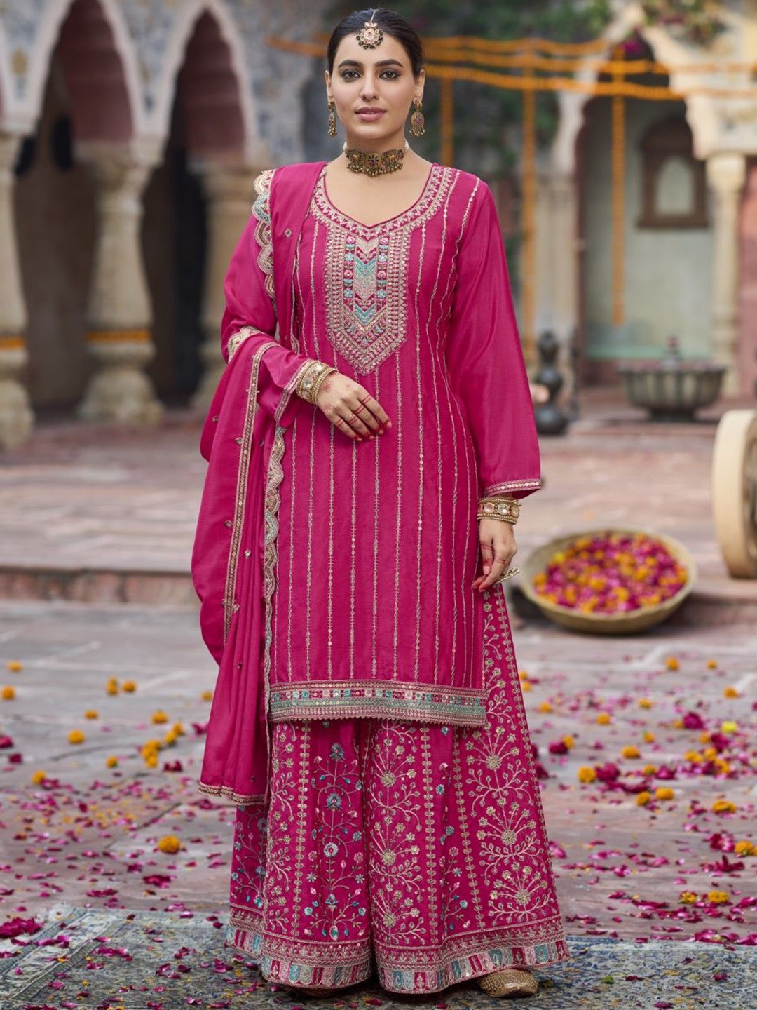 

AUTUMN LANE Women Embroidered Regular Kurti with Palazzos & With Dupatta, Pink