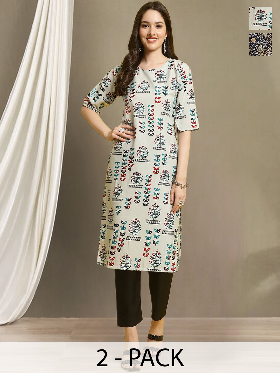 

Moda Rapido Selection of 2 Ethnic Motifs Printed Straight Kurtas With Trousers, Beige