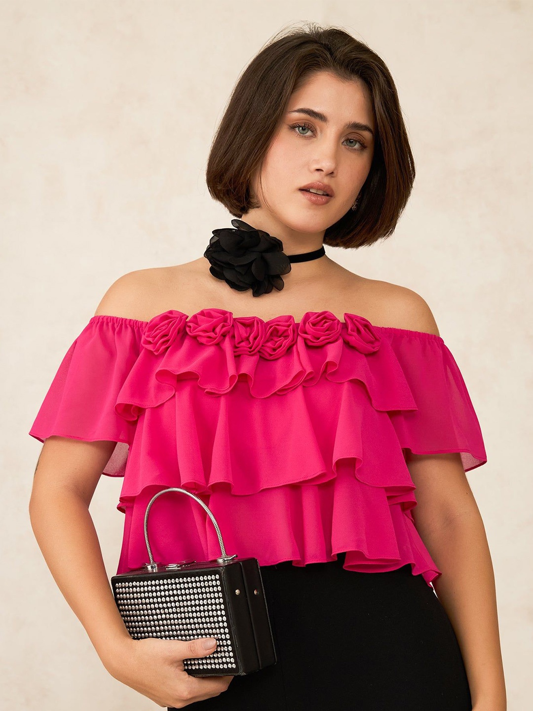 

Virgio Women Ruffle Off-Shoulder Crop Top, Pink