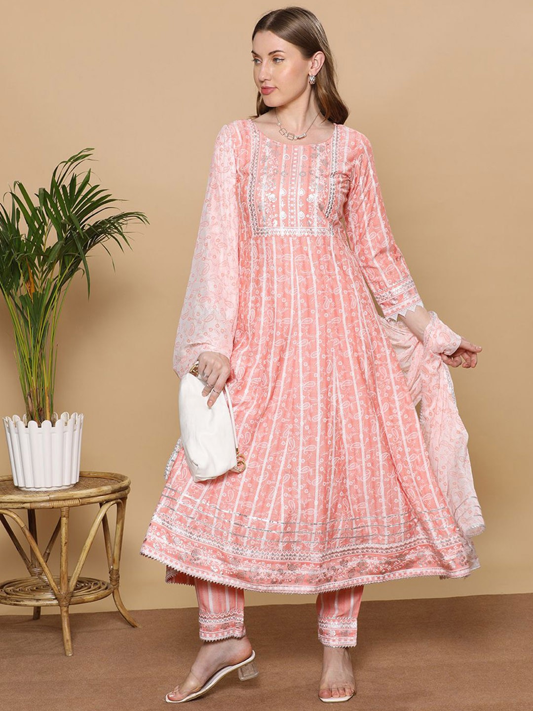 

DUMMY SHAPE Floral Printed A Line Kurta With Trousers & Dupatta, Orange