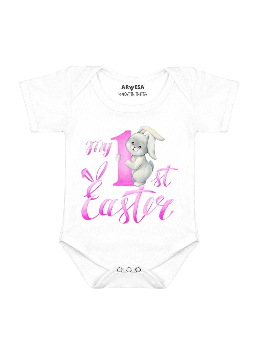 

Arvesa Kids First Easter Printed Envelope Neck Short Sleeves Romper, White