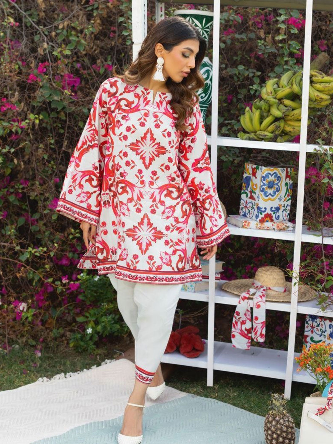 

URBAN KANYA Floral Checked Flared Sleeve Georgette A-Line Dress, Red
