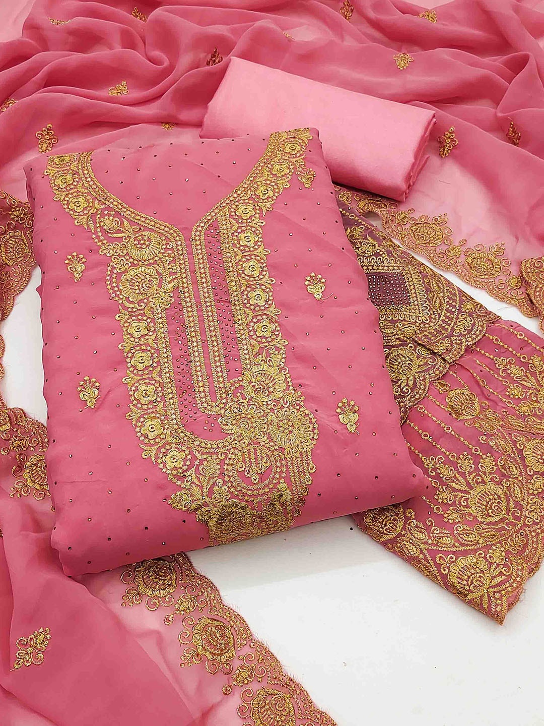 

Blissta Embellished Unstitched Dress Material, Pink