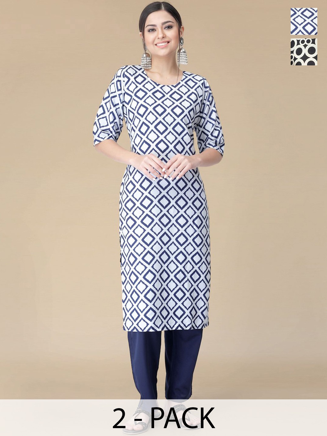 

Moda Rapido Selection Of 2 Geometric Printed Round Neck Straight Kurtas With Trousers, White