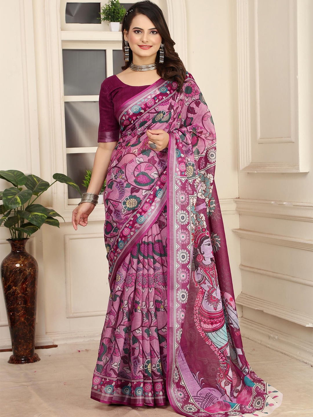 

Quelea Floral Linen Blend Khadi Saree, Purple