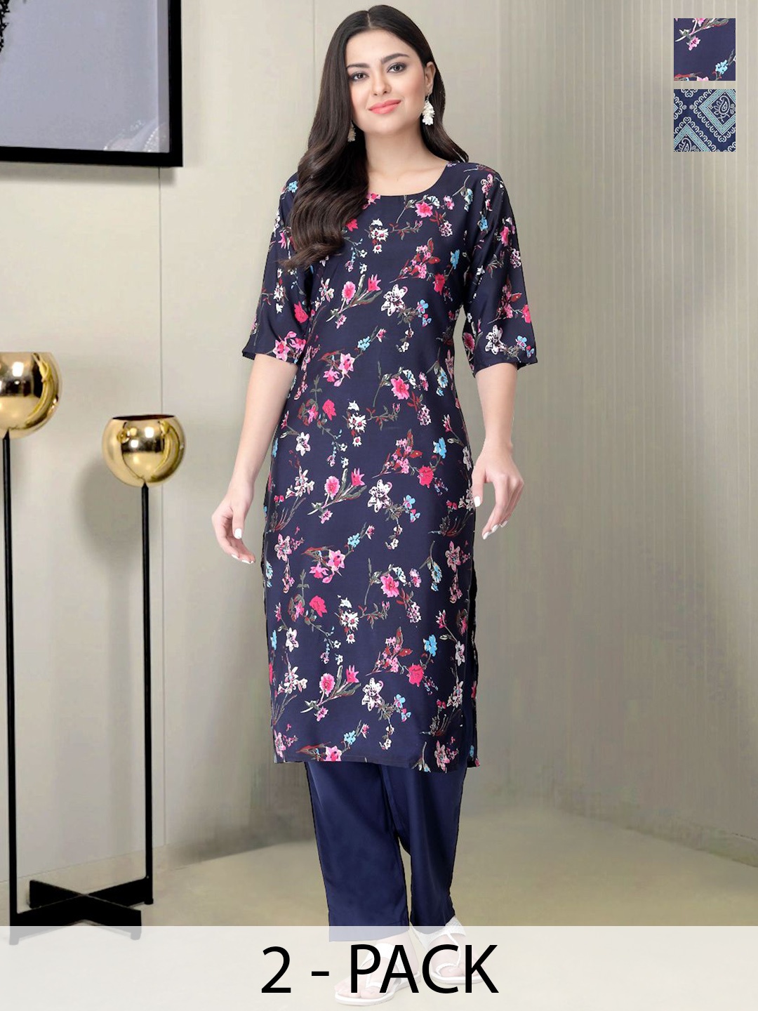 

Moda Rapido Selection of 2 Floral Printed Straight Kurtas With Trousers, Blue