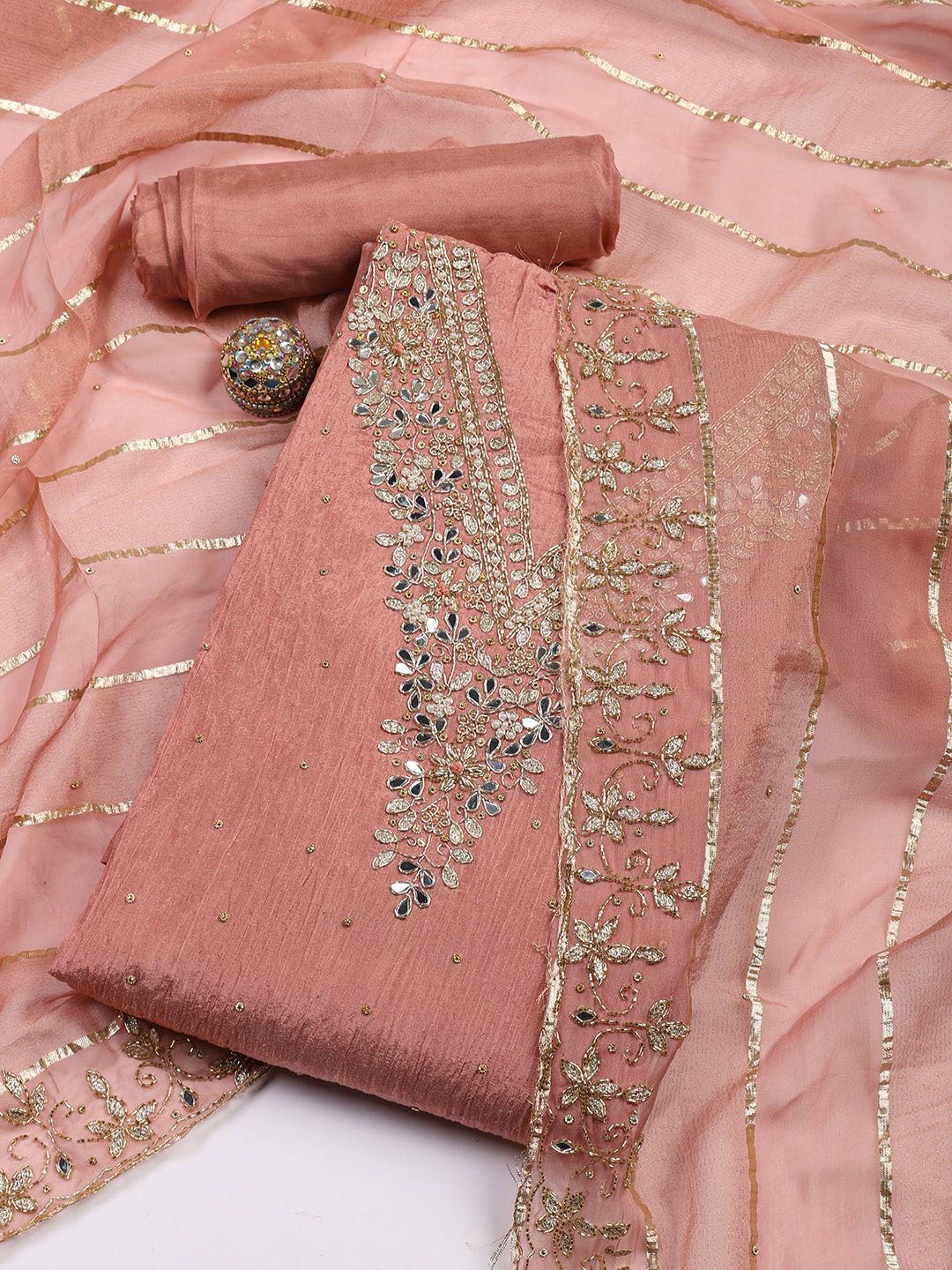 

Meena Bazaar Floral Embellished Zari Work Tissue Unstitched Dress Material, Peach