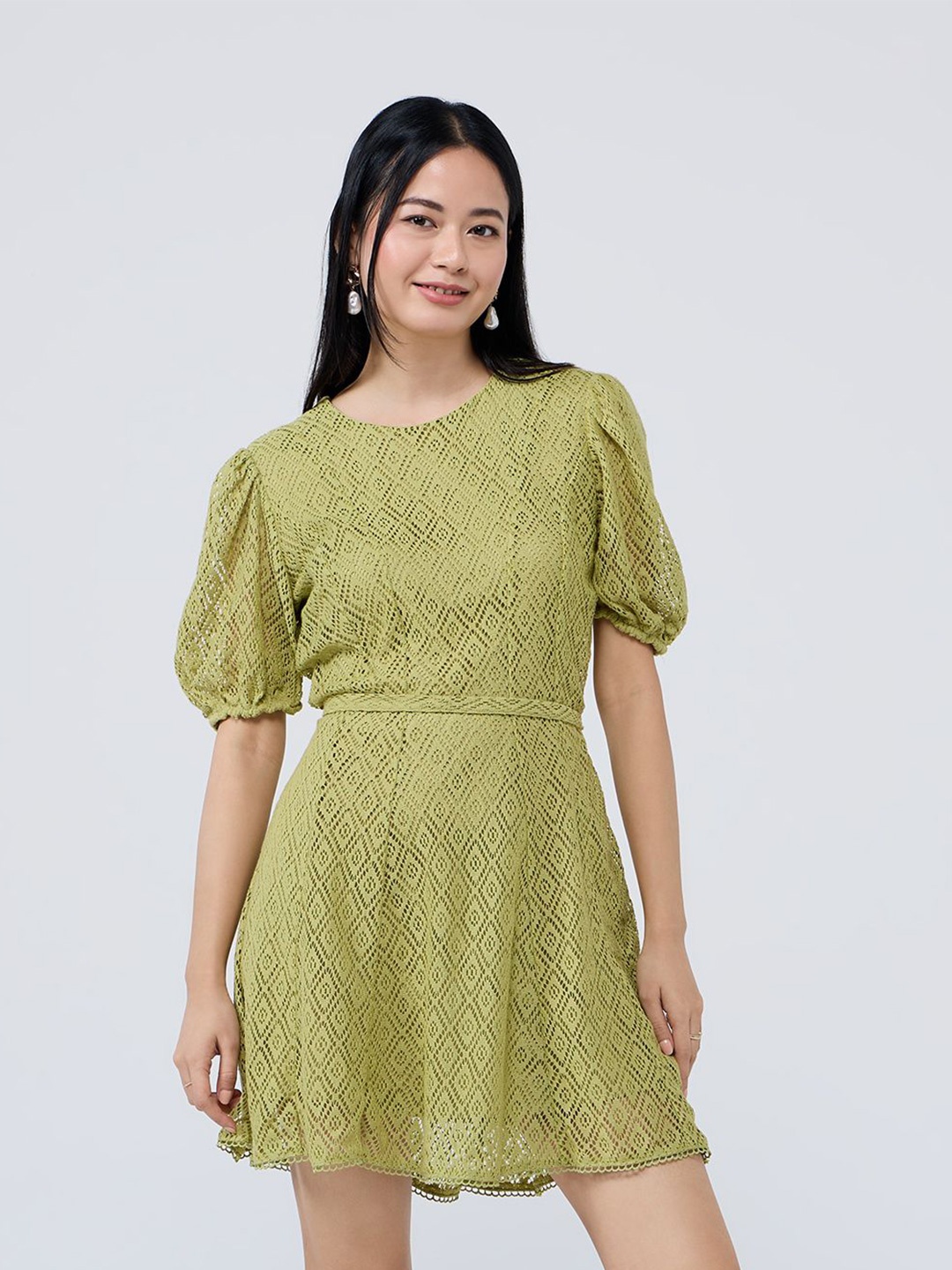 

20Dresses Print Puff Sleeve Fit & Flare Mini Dress, Green