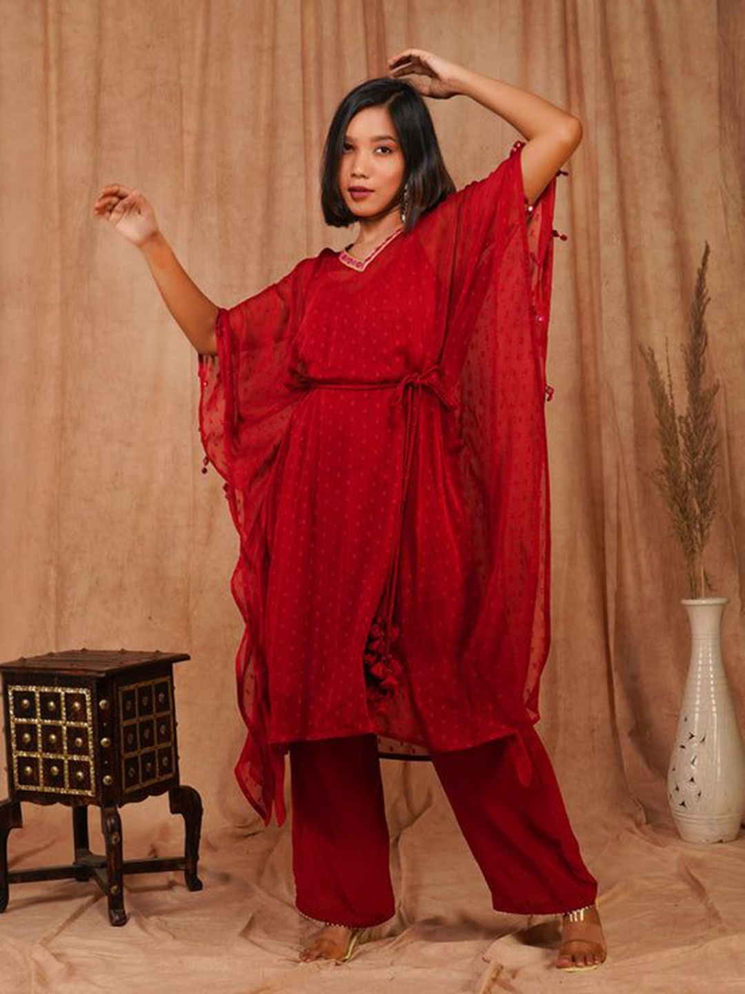 

SEEDS OF FUSION Chiffon Kaftan Dress, Red