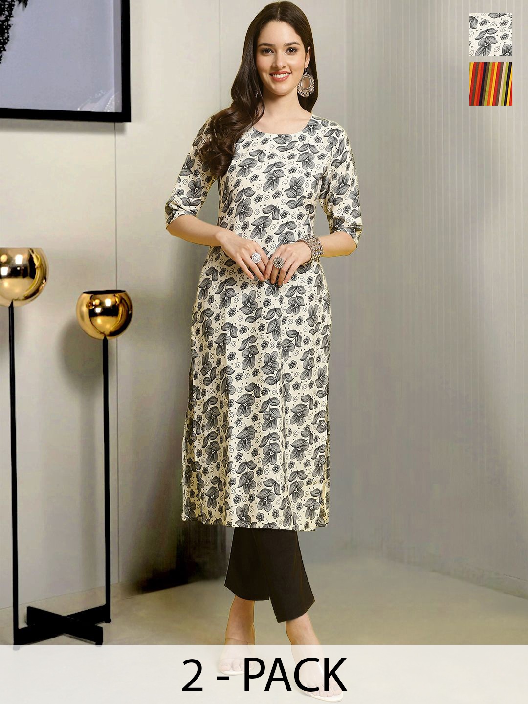 

Moda Rapido Selection Of 2 Floral Printed Round Neck Straight Kurtas With Trousers, Cream