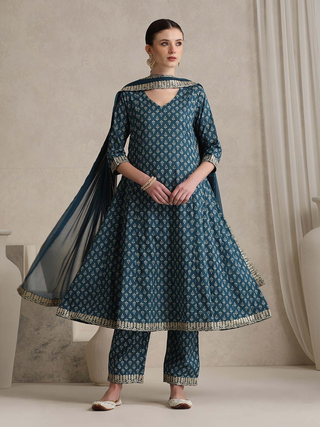 

Khushal K Floral Printed V-Neck Cotton Anarkali Kurta With Trousers & Dupatta, Blue