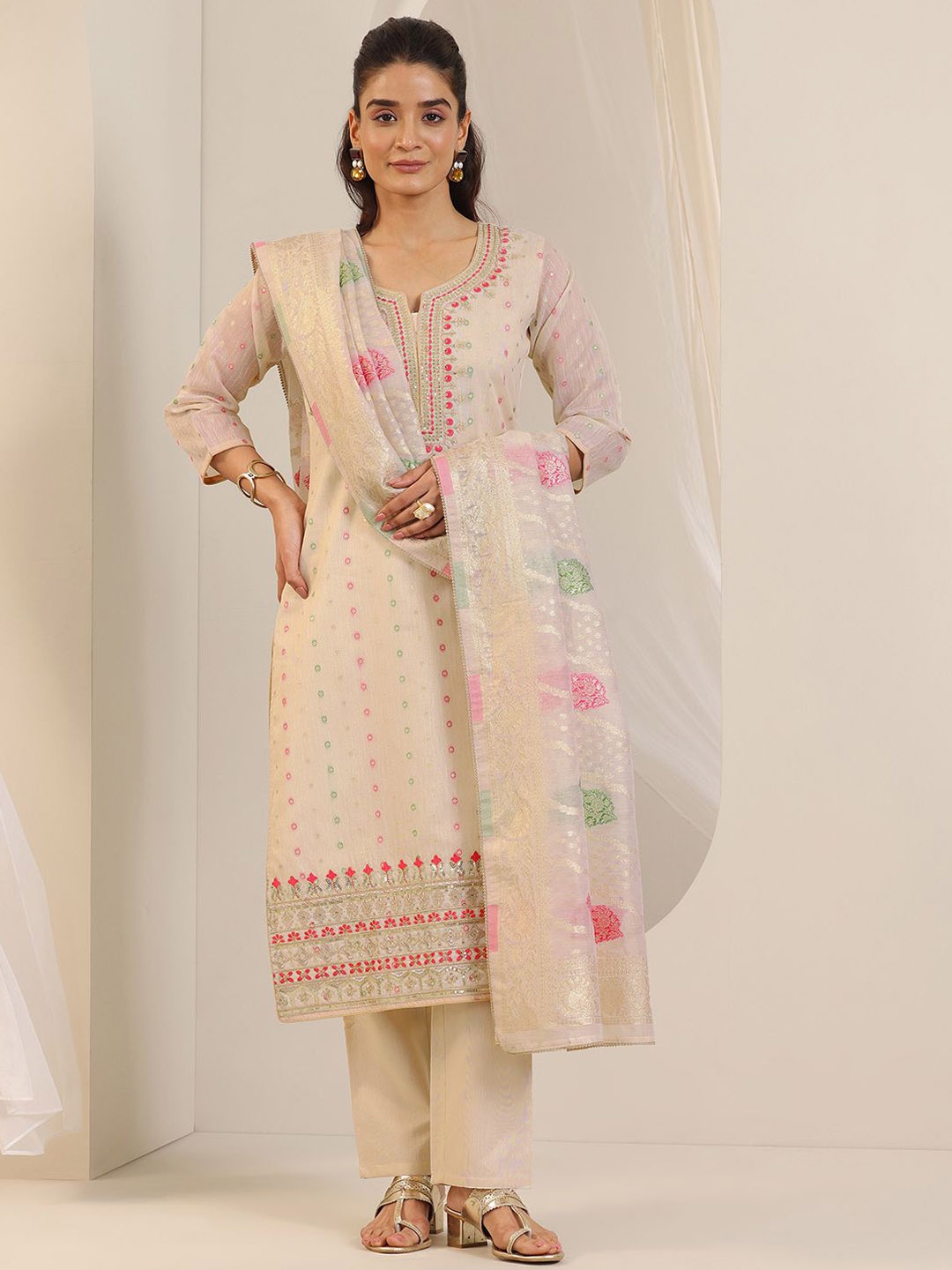 

Libas Ethnic Motifs Woven Design Thread Work Chanderi Silk Kurta With Trousers & Dupatta, Off white