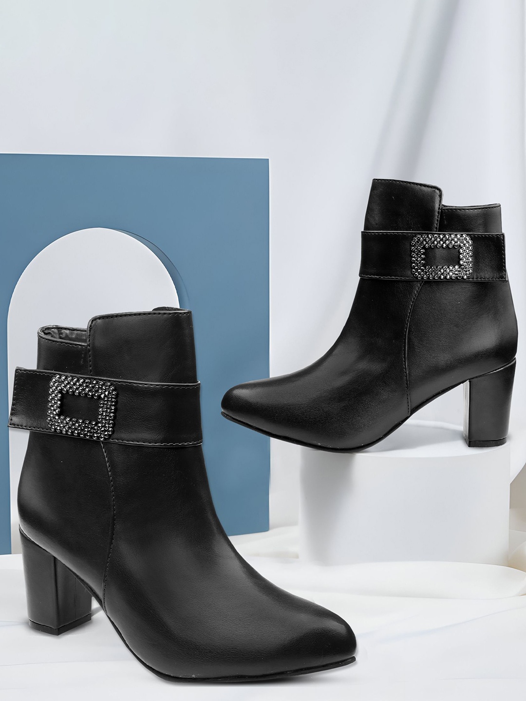 

Bxxy Women High Ankle Zipper Boots with Buckle, Black