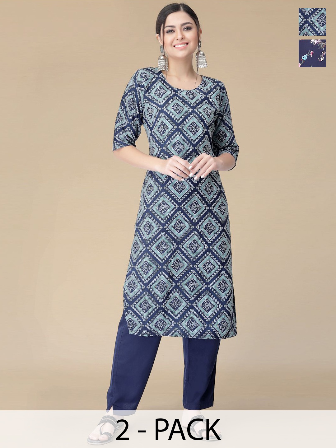 

Moda Rapido Selection Of 2 Paisley Printed Round Neck Straight Kurtas With Trousers, Blue