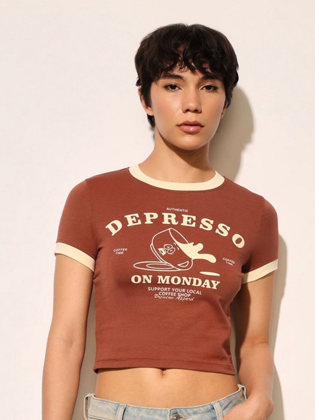 

ONLY Women Typography Printed Slim Fit T-shirt, Brown